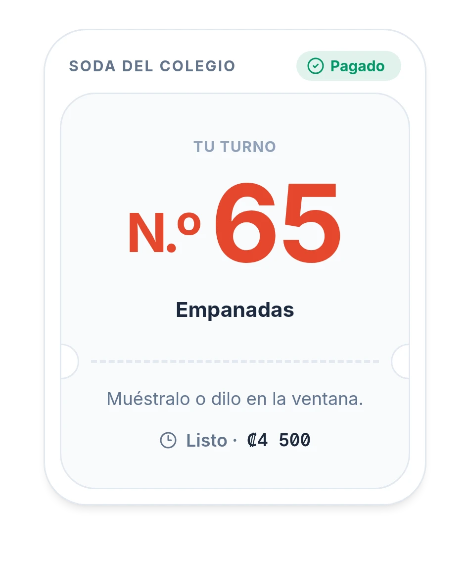 El tiquete de retiro N.º 65 de la soda del colegio, con el pago aprobado.