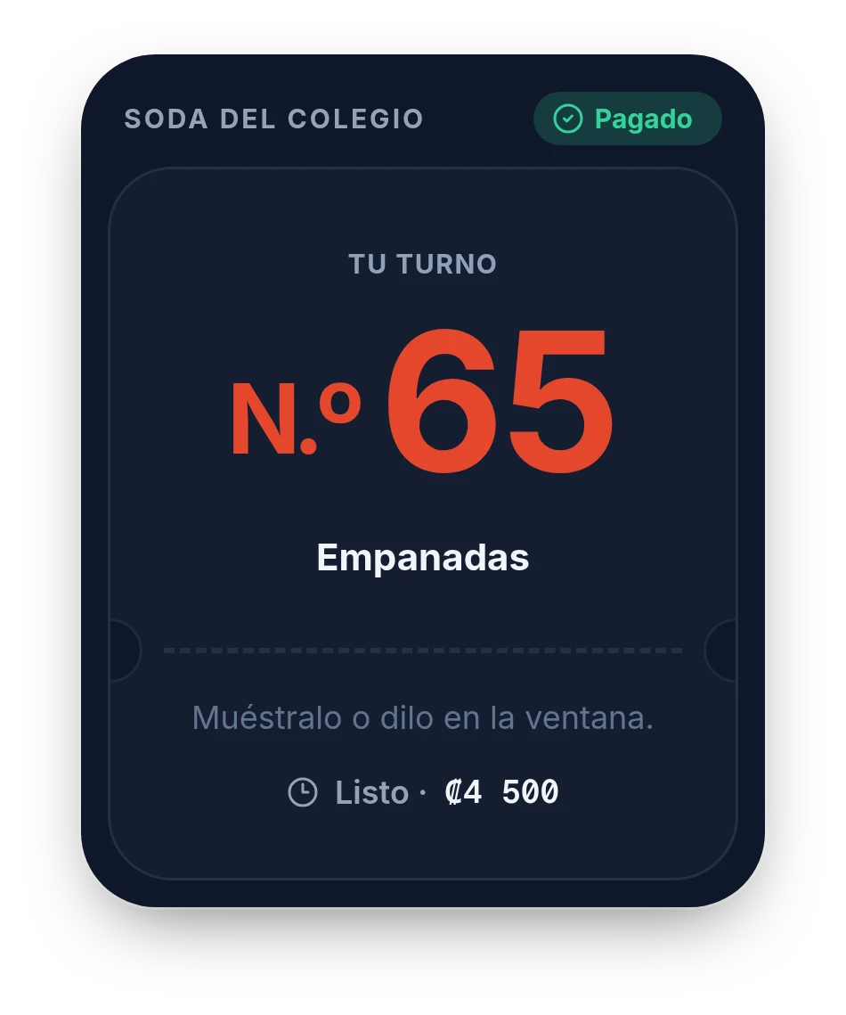 El tiquete de retiro N.º 65 de la soda del colegio, con el pago aprobado.